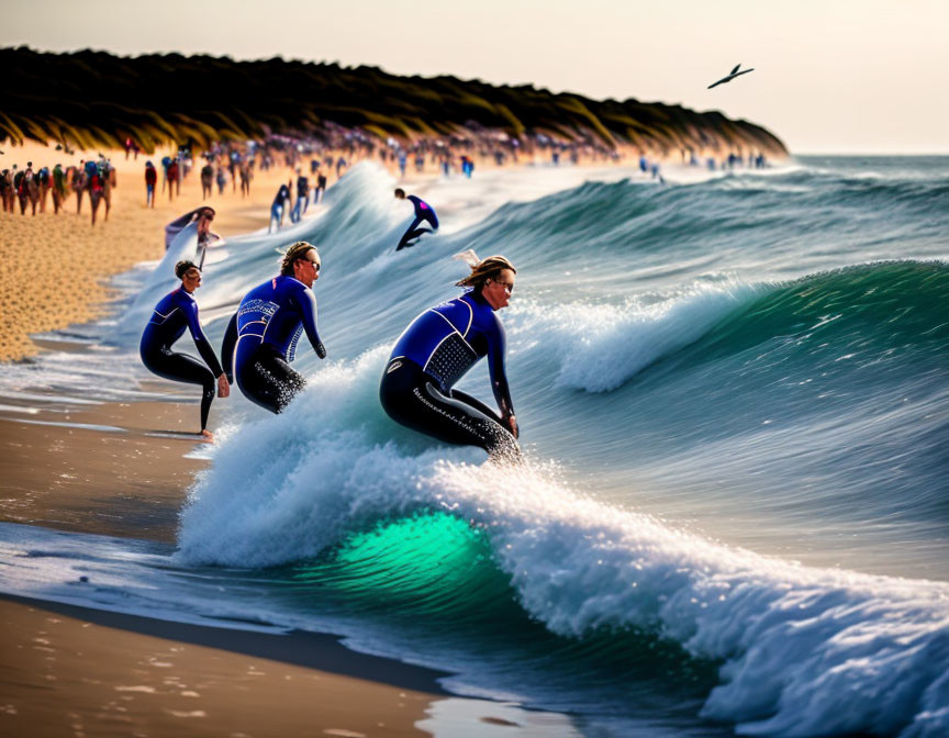 Surfers in Wetsuits Riding Waves at Sunset Beach