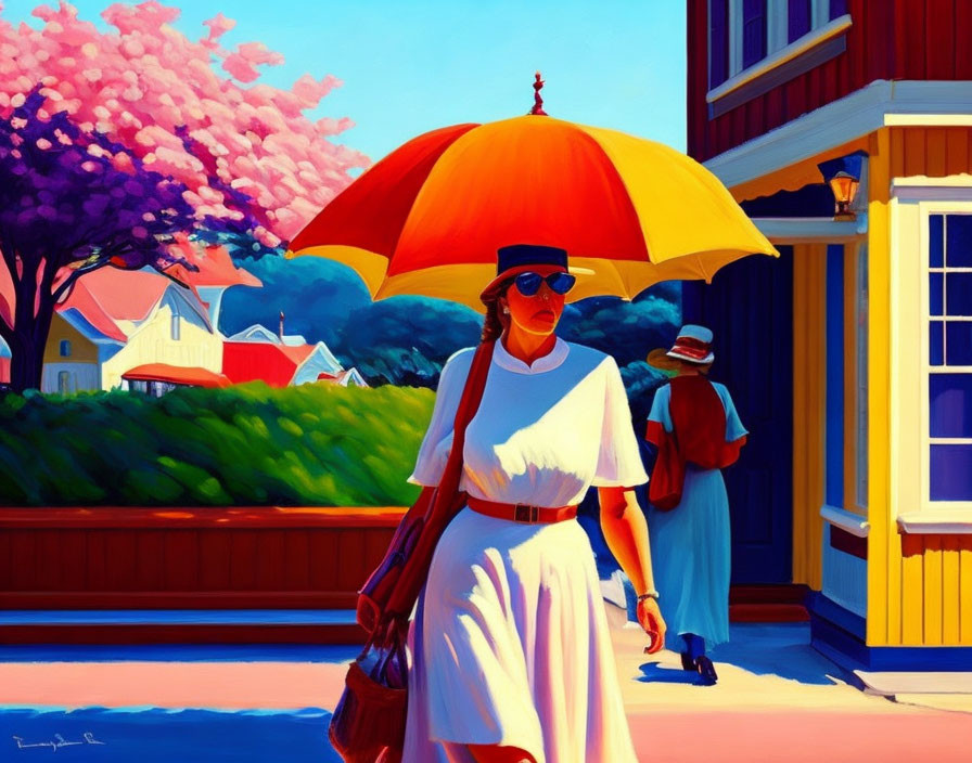 Colorful painting of a woman under orange umbrella with town and blooming tree.