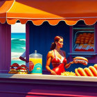 Vibrant beachside food stand with woman in red swimsuit selling hot dogs and fries