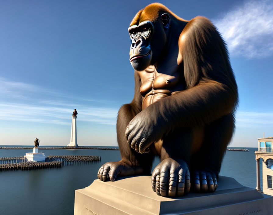 Giant gorilla digital art on pier with lighthouse & blue sky