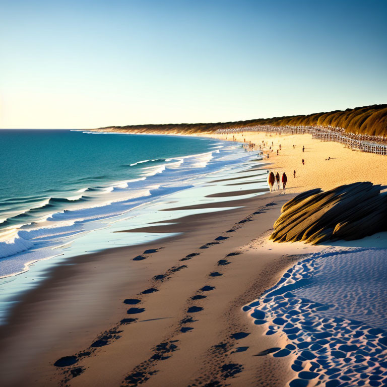 Golden sand beach with gentle waves and footprints, bordered by lush tree line