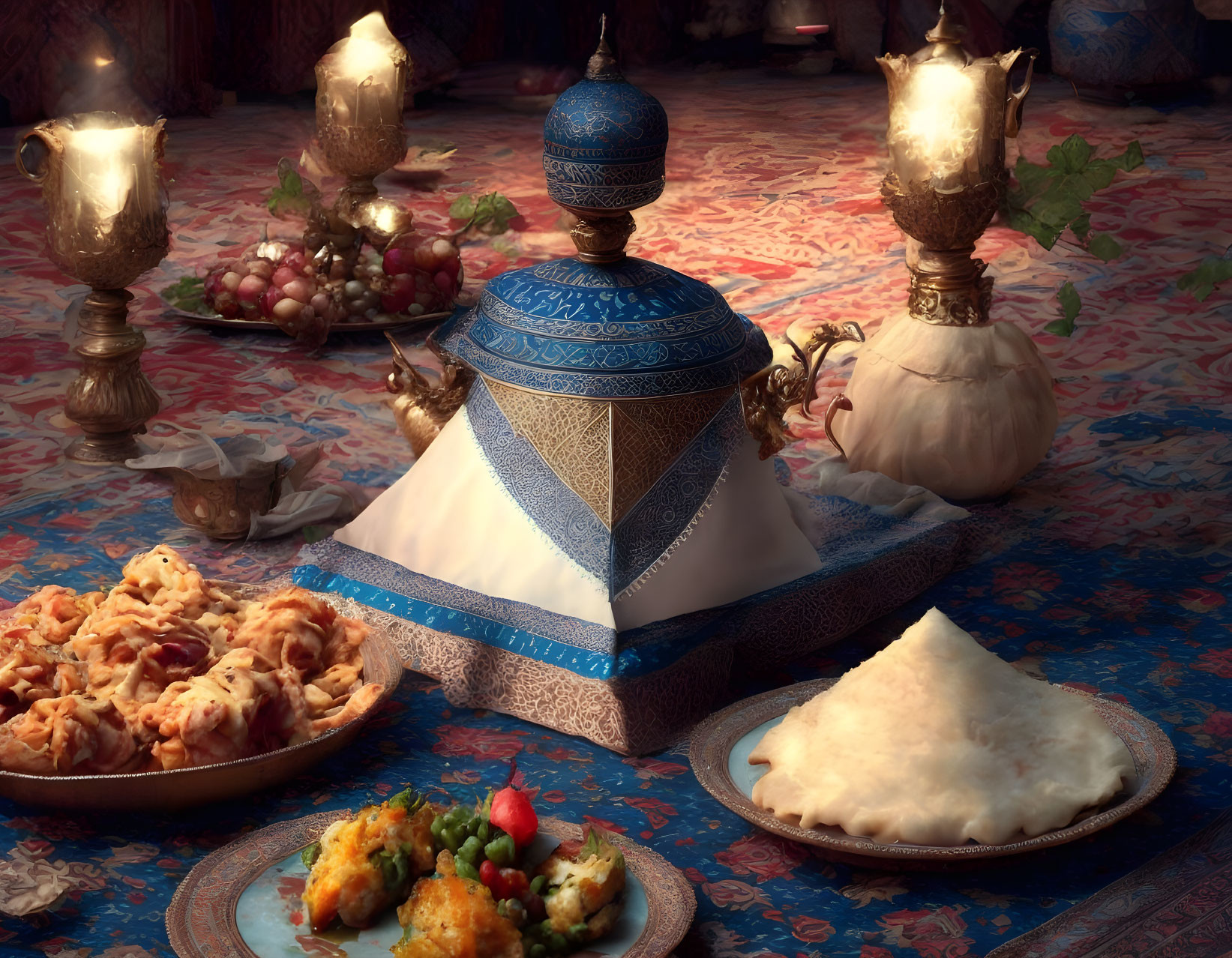 Elegant Middle Eastern cuisine display with ornate dishes, candles, carpets, and pillows