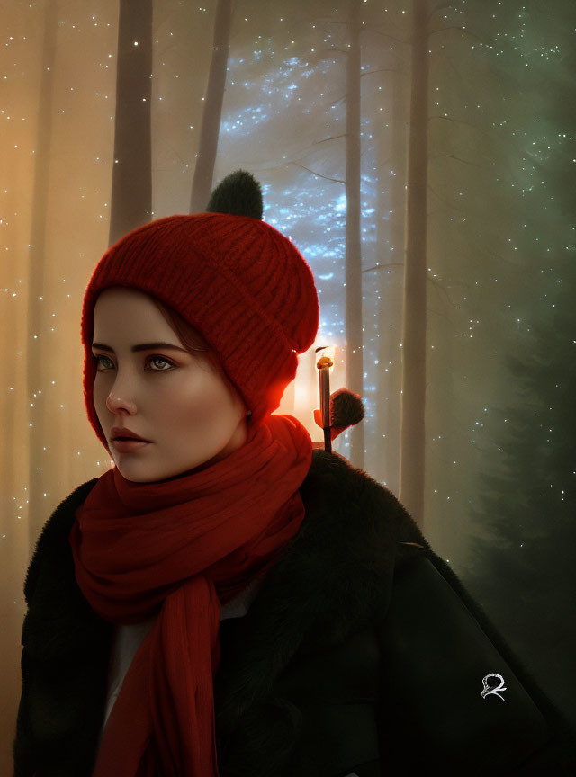 Person in Red Beanie Contemplates Snowy Night Through Window