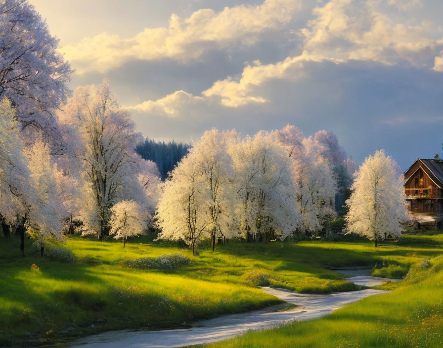 Serene rural landscape with white blooming trees, winding road, green grass, wooden house