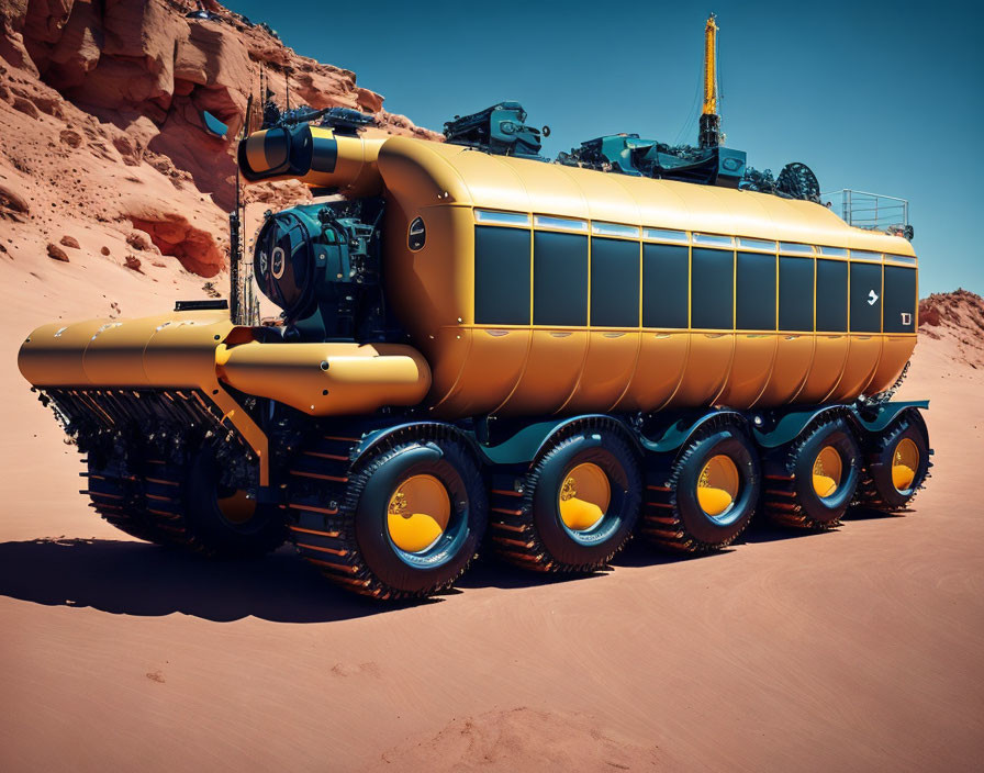 Yellow Tracked Vehicle on Desert Terrain: Sci-Fi Exploration Rover