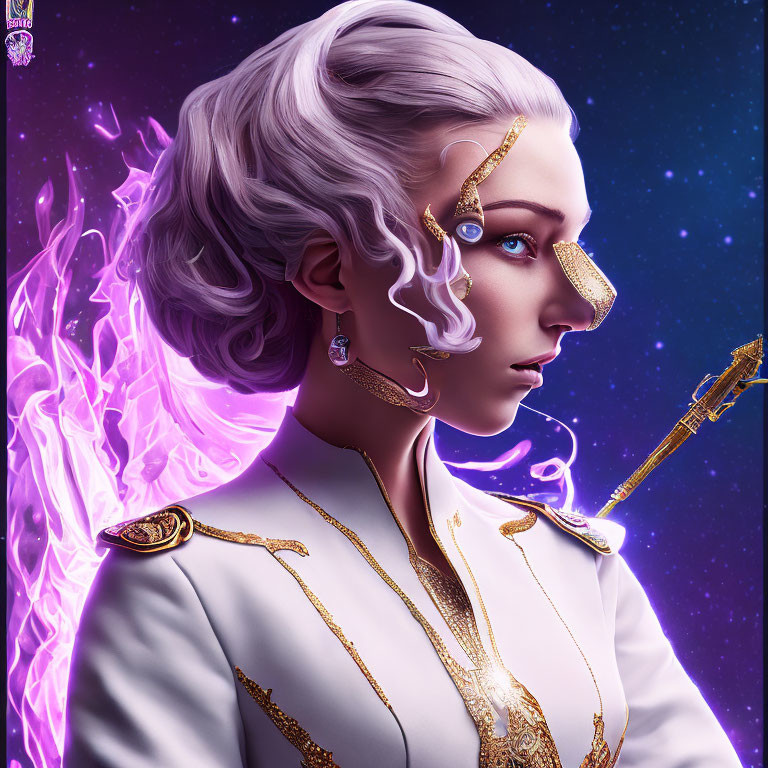 Digital portrait of woman with pale skin, white hair, and golden accessories against purple flames