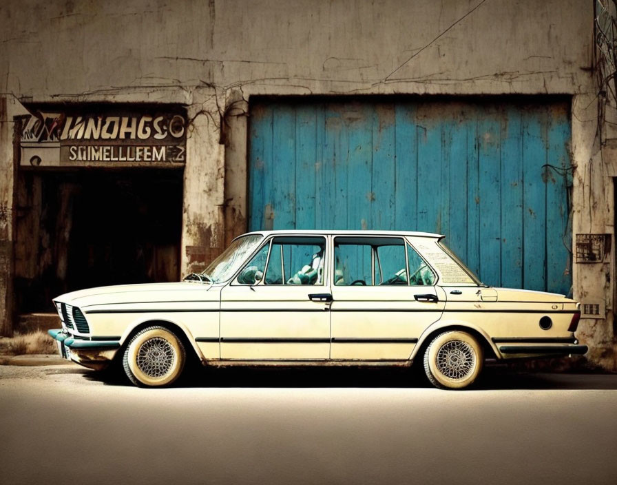 Vintage White Car Parked in Front of Rustic Building with Blue Door