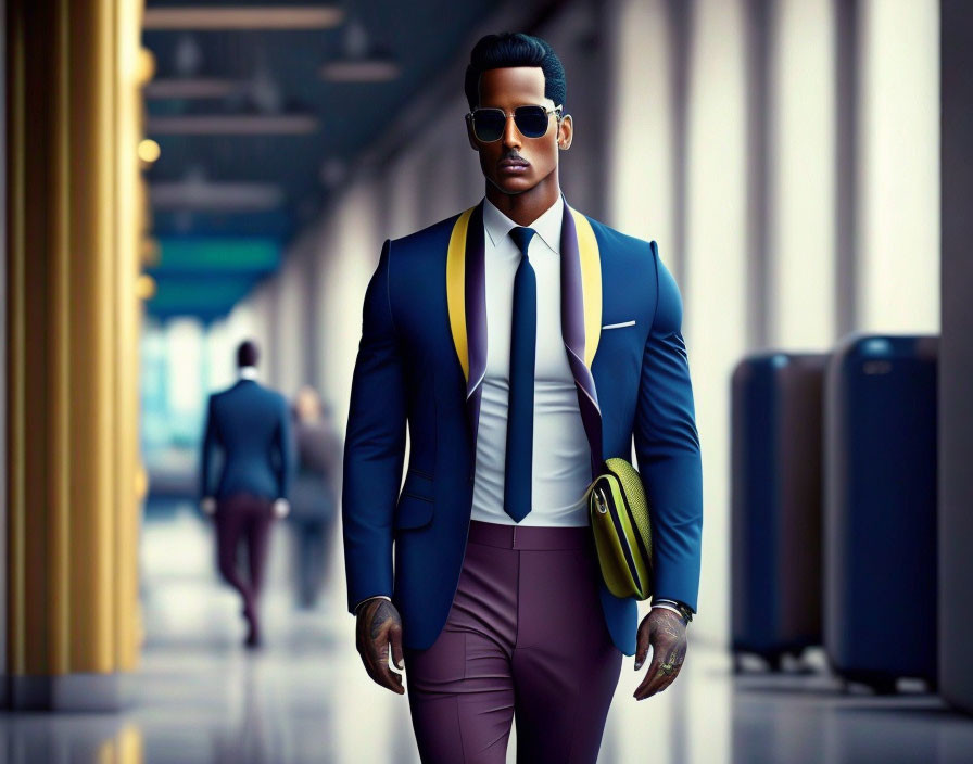 Fashionable man in blue blazer and lavender trousers with yellow clutch walking confidently