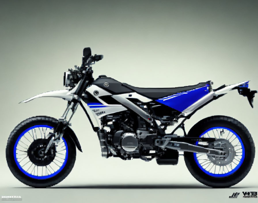 Blue and White Off-Road Motorcycle with Blue-Rimmed Wheels on Grey Background