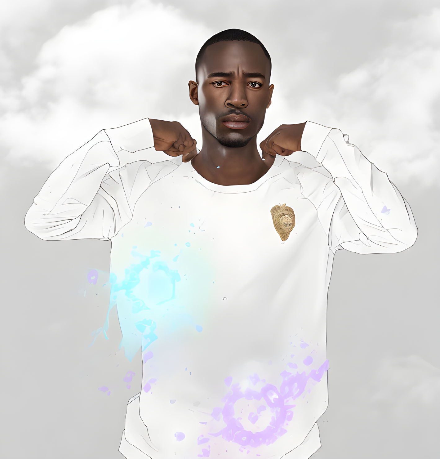 Man pulling white shirt with golden badge and paint splashes