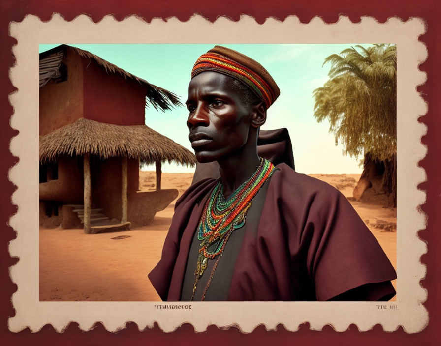 Portrait of man in traditional headdress with colorful necklaces in desert village.