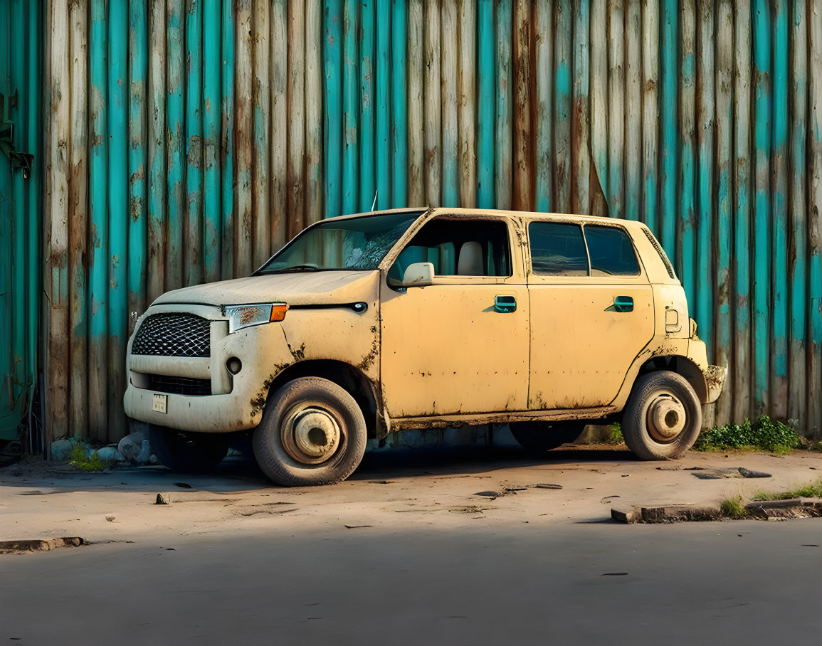 Weathered teal fence backdrop to old compact car in warm sunlight