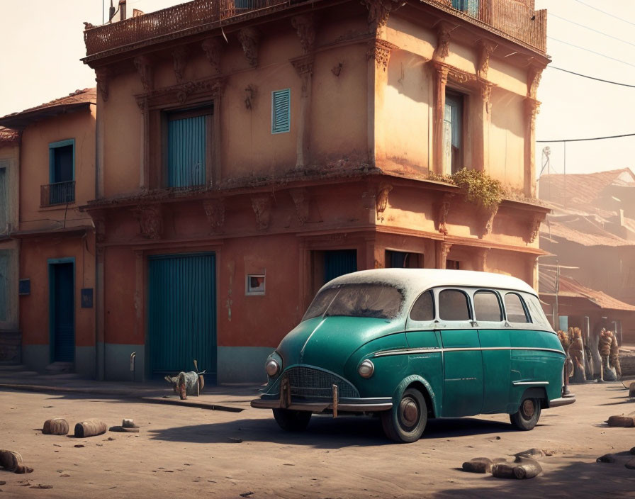 Old Green Van Parked on Dusty Street in Quaint Town with Warm-Toned Buildings and W