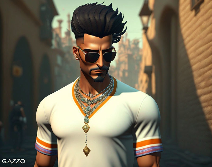 Urban digital portrait: man with mohawk, sunglasses, and jewelry