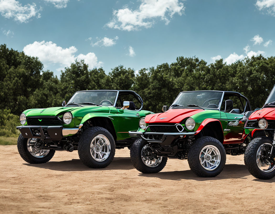 Vintage-style off-road vehicles in green and red with white stripes parked in a sunny field