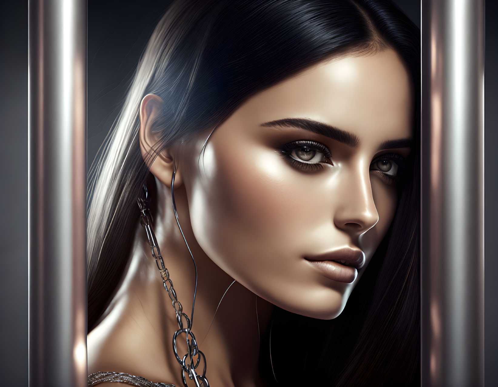 Striking features in digital portrait of woman with dark hair