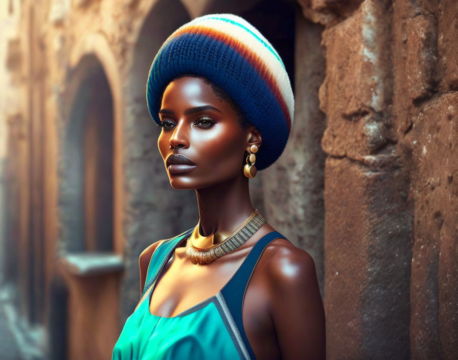 Colorfully Beanie Woman with Striking Makeup and Gold Jewelry Poses Against Stone Wall