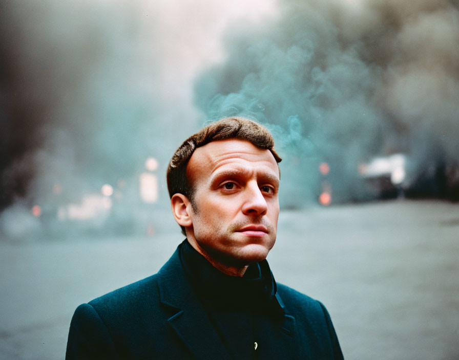 Man in Dark Coat Gazes Intently with Smoky City Background