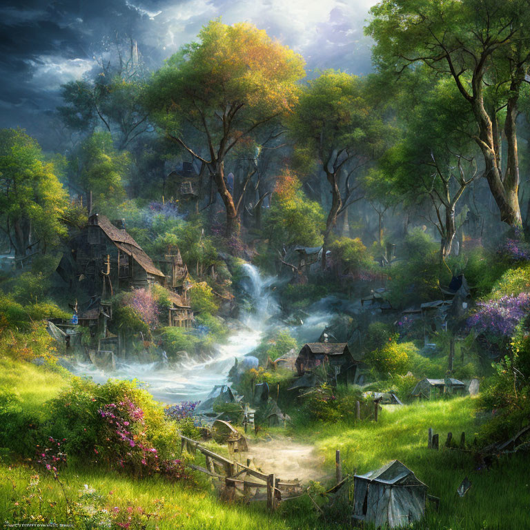 Rustic village in enchanted forest with waterfall, bridge, flowers, and sunbeams