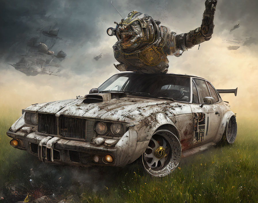 Weathered rally car with mechanical arm and engine in post-apocalyptic landscape