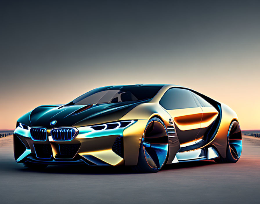 Sleek Futuristic BMW Concept Car with Iridescent Paint at Dawn or Dusk