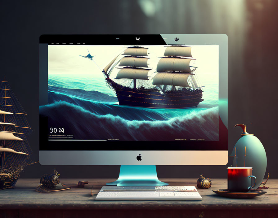 Wooden desk with ship wallpaper, model ship, quill, and coffee cup