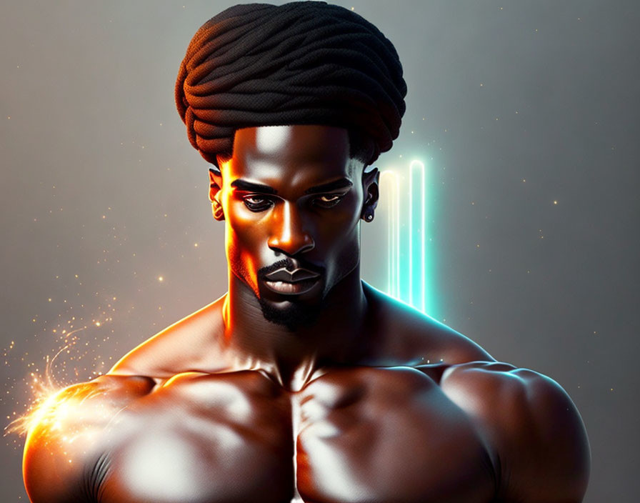 Muscular man with stylized turban in neon light setting.