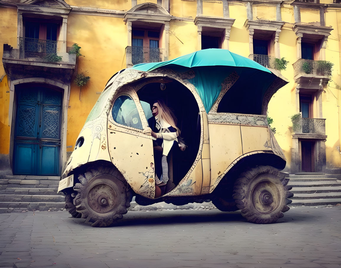 Woman in Snail-Shaped Vehicle on Cobblestone Street by Yellow Buildings