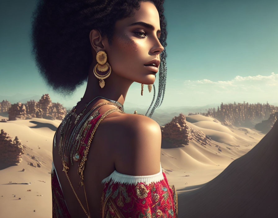 Digital artwork of woman with afro and golden earrings in desert setting