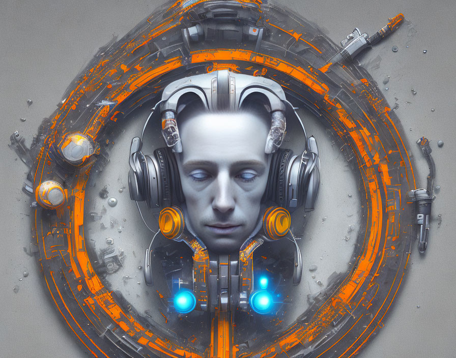 Serene man's face with headphones in futuristic orange and gray interface