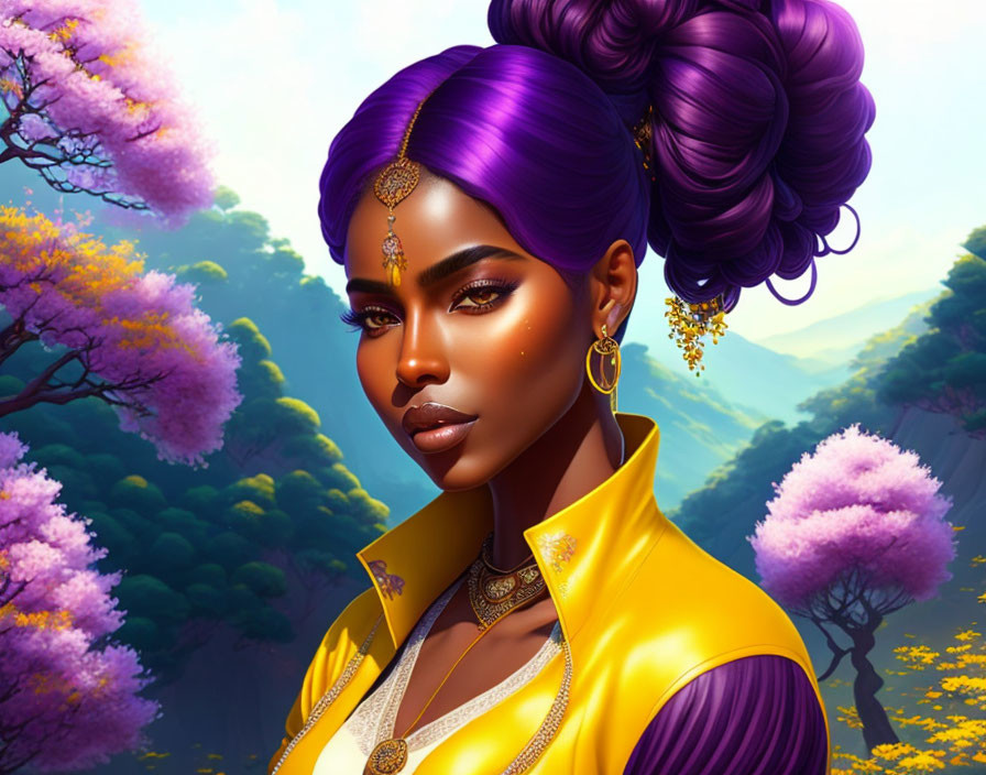 Vibrant purple hair woman in yellow outfit with pink blossoming trees