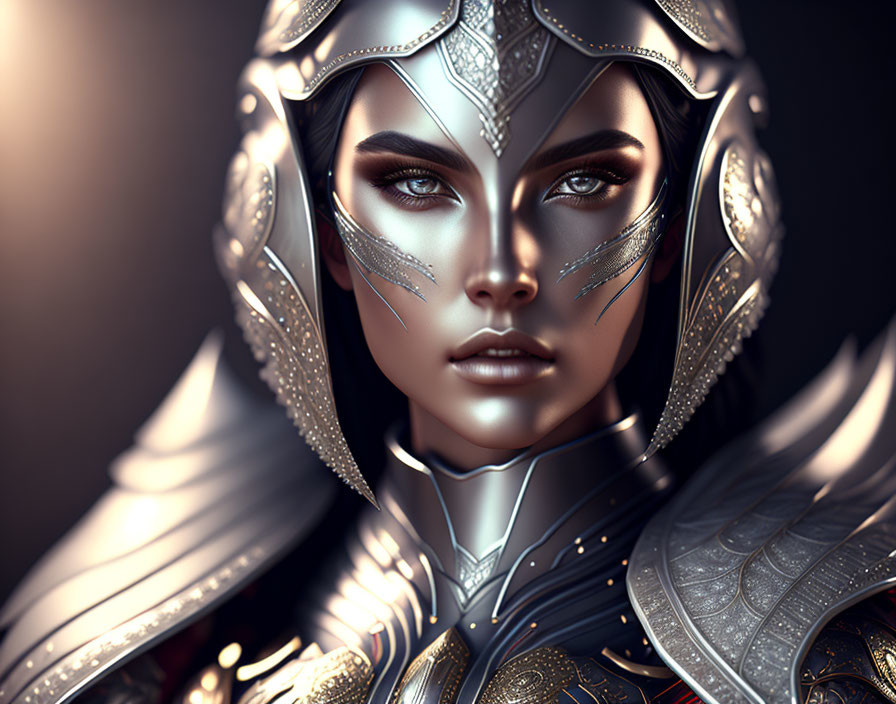 Digital artwork of female character in intricate silver armor against moody backdrop