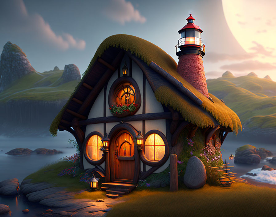 Fantasy cottage with attached lighthouse in twilight setting