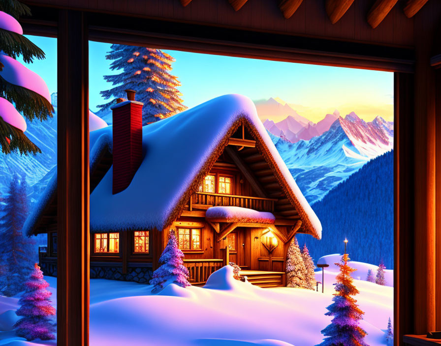 Snowy Mountain Cabin Dusk View Winter Landscape