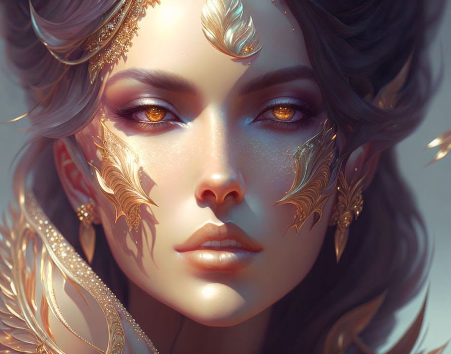 Digital artwork of woman with golden facial adornments and detailed eyes