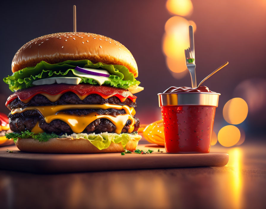 Cheeseburger with Layers of Cheese and Fries on Bokeh Background