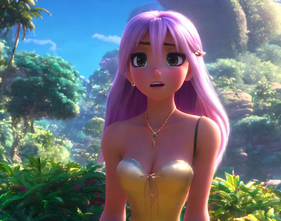 Purple-haired 3D character in gold dress amid forest, with surprised expression