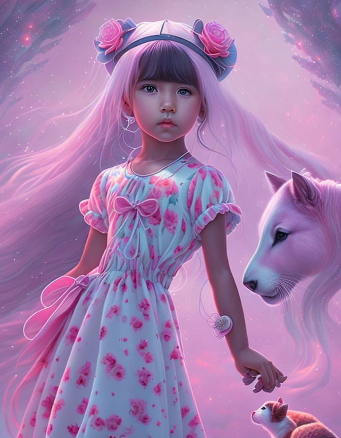 Young girl in floral dress with white wolf under pink sky