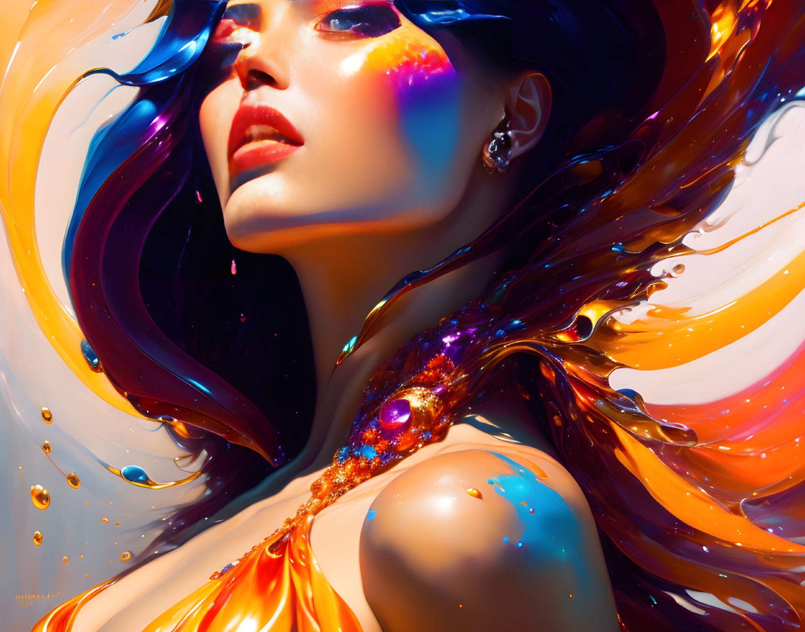 Colorful digital artwork: Woman with swirling liquid-like hair in blue, orange, and purple with a