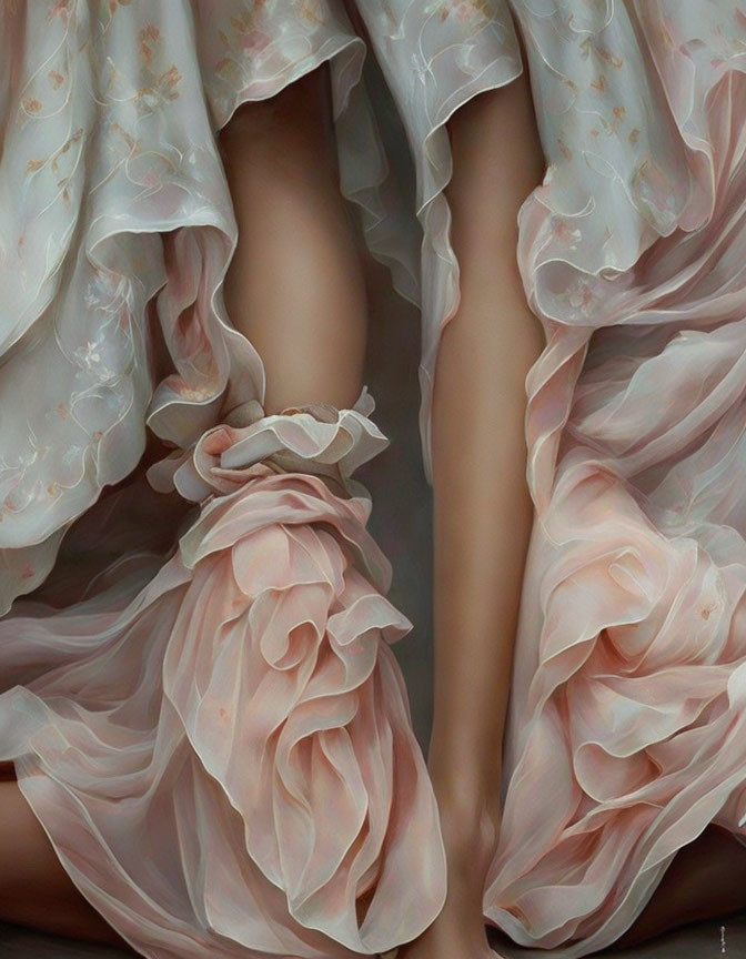 Detailed Close-Up of Floral-Patterned Fabric Gown Draped Around Legs