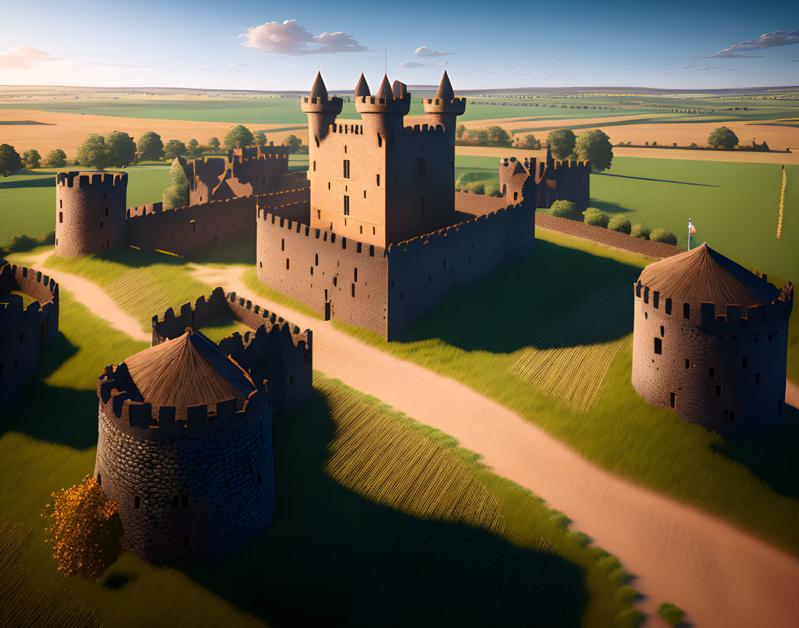 Medieval Castle with Towers in Green Fields at Sunset