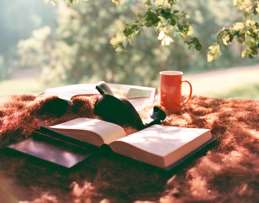 Book, glasses, mug on blanket under tree with sunlight filtering through leaves