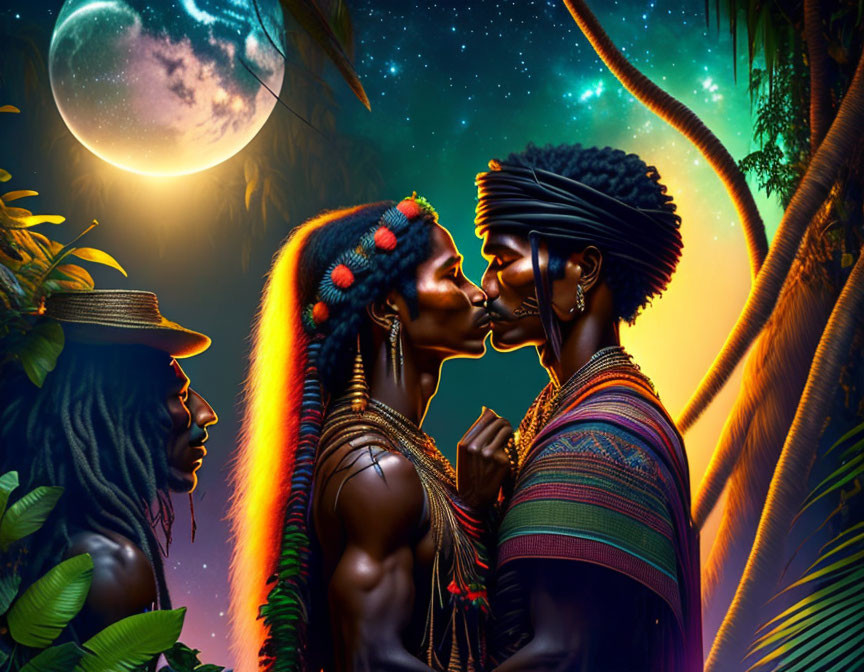 Traditional African couple kiss under starry sky in lush setting