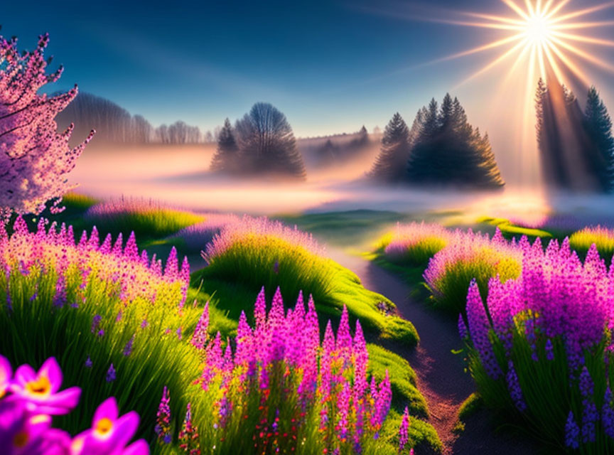 Scenic landscape with blooming purple flowers, misty pathway, and radiant sunrise