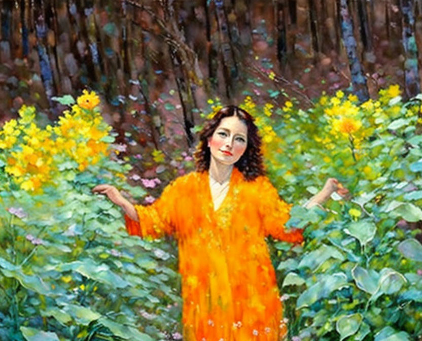 Woman in Vibrant Orange Dress Surrounded by Lush Greenery and Yellow Flowers