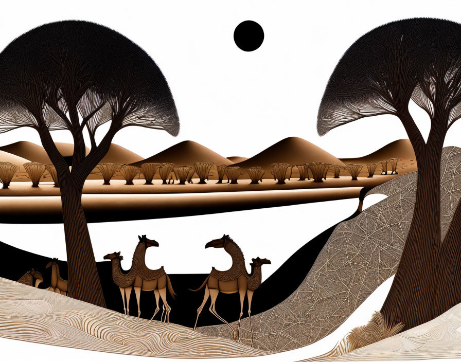 Desert scene with camels, dunes, acacia trees, and black sun in limited color