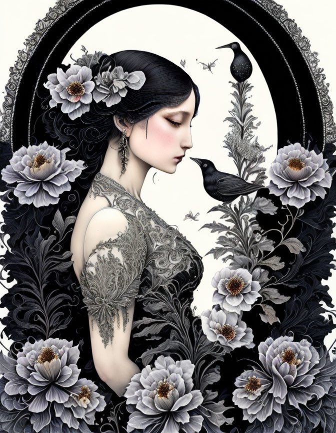 Monochrome floral illustration of woman with dark hair, lace attire, and crow