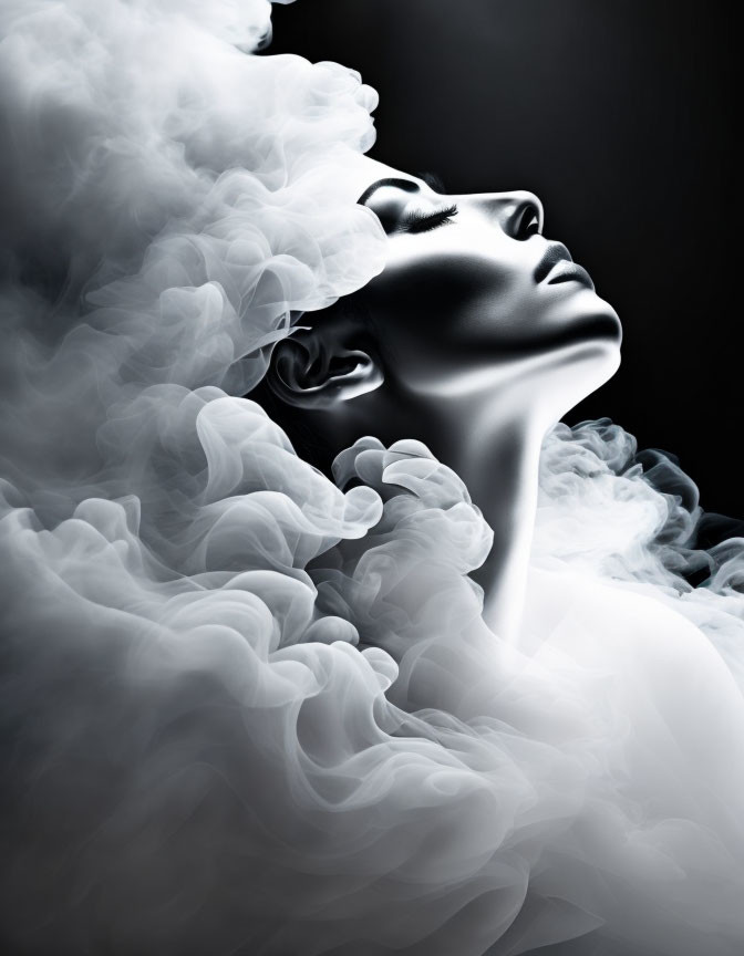 Monochromatic profile of woman with swirling smoke for mystical effect