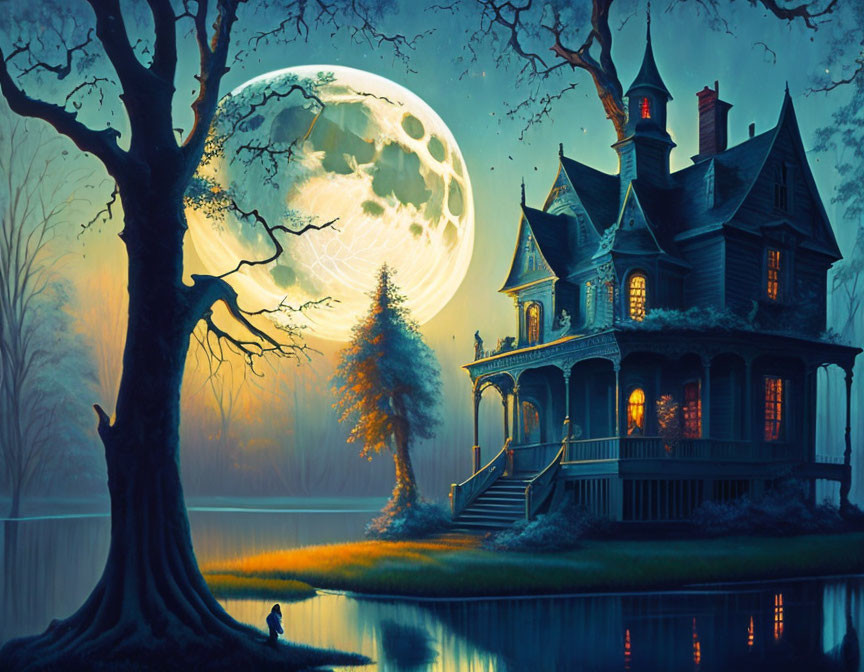 Victorian house by lake under full moon with silhouetted trees