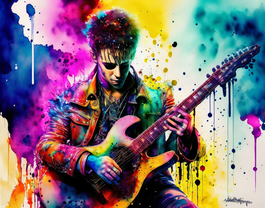 Colorful painting of man playing guitar